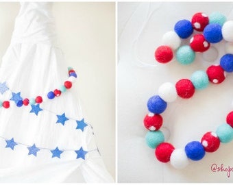 Red White and Blue Wool Felt Ball Garland - Americana Decor