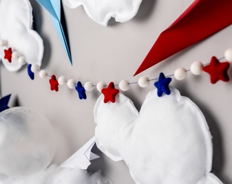 Red White and Blue Garland -Fourth of July Party -Americana Garland -Holiday decor -Wool Felt Poms -Felt Ball Garland - Felt pom pom garland