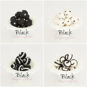 May include: Four white bowls filled with black and white felt balls. The balls are in different patterns, including polka dots and stripes. The bowls are on a white background. The text "Black @shopcherrygospinkles" is at the bottom of each image.