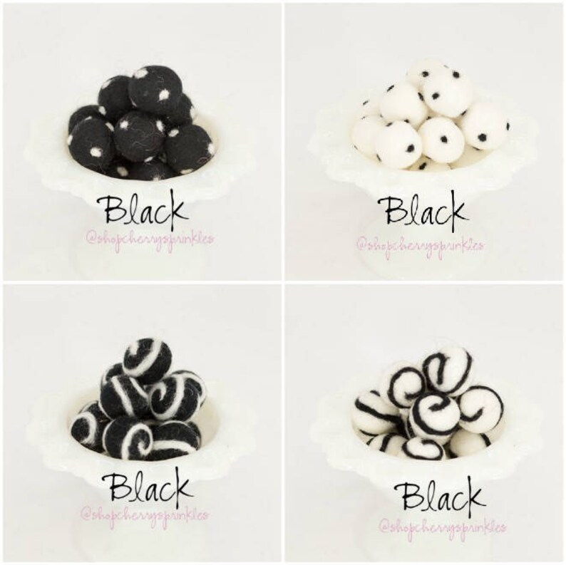 May include: Four white bowls filled with black and white felt balls. The balls are in different patterns, including polka dots and stripes. The bowls are on a white background. The text "Black @shopcherrygospinkles" is at the bottom of each image.