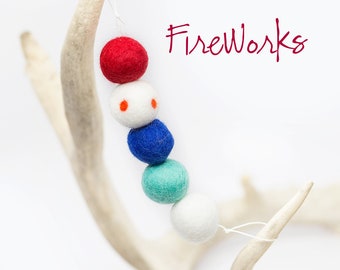 Fireworks -Red White & Blue Garland -Fourth of July Party -Americana Garland - Wool Felt Poms -Felt Ball Garland -July 4th -Independence Day
