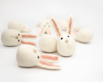 Needle Felted Bunny: White Wool with Salmon Pink Ears