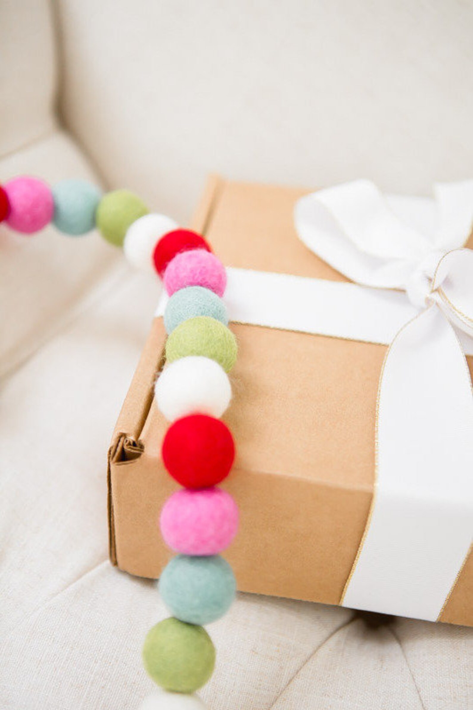 Handmade Christmas Garland and Bunting - Cream Velvet Balls and Felt Mistletoe - 6' Arcadia Home
