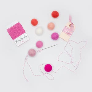 May include: A pink and white string with a small tag that says "Cherry Sprinkles" and a pink heart. There are also several pink, white, and orange felt balls and a needle.