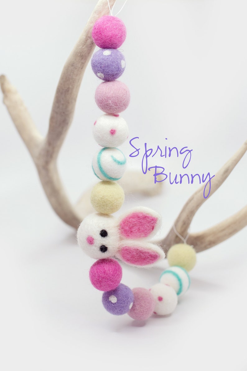 Spring Bunny Easter Felt Ball Garland Wool Felt Poms Easter Decor Easter Mantle Pink Felt Balls Yellow felt balls blue felt balls image 1