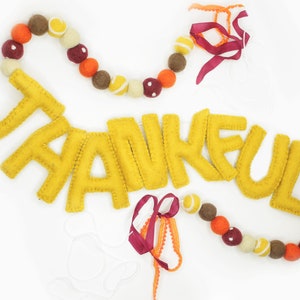 Thankful Felt Letter Garland -Hand Stitched felt letters -Thanksgiving Garland -Mustard Poms -Stuffed Letter Garland -Fall Mantle -Autumn