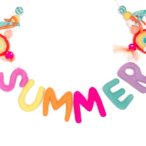 Summer Felted Letter Garland -100% Wool felt letters -Summer Felt Rainbows -Felt White Clouds -Felt Poms -Summer Garland -Summer Decoration