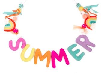 Summer Felted Letter Garland -100% Wool felt letters -Summer Felt Rainbows -Felt White Clouds -Felt Poms -Summer Garland -Summer Decoration