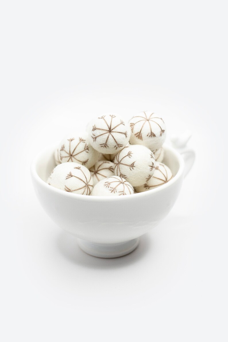 Puede incluir: Un taz&oacute;n de cer&aacute;mica blanco lleno de bolas de fieltro blancas decoradas con dise&ntilde;os de copos de nieve marrones.