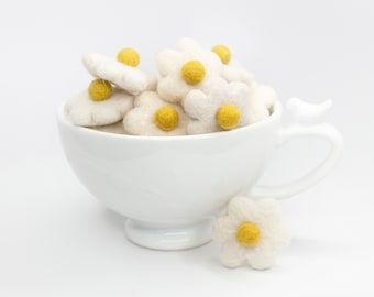 Handmade Ivory Felt Daisy Flowers with Mustard Pom Center (1.25 inch)