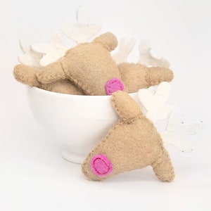 Felt Reindeer Ornament: Handmade Wool Deer with Pink Nose