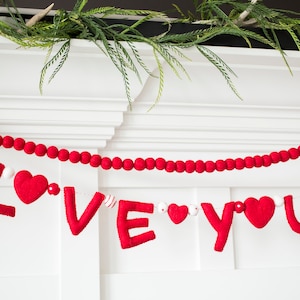 Red and White Felt Letter Garland -Hand Stitched felt letters -Love You Valentines Day Garland -Red Poms -Stuffed Letter Garland