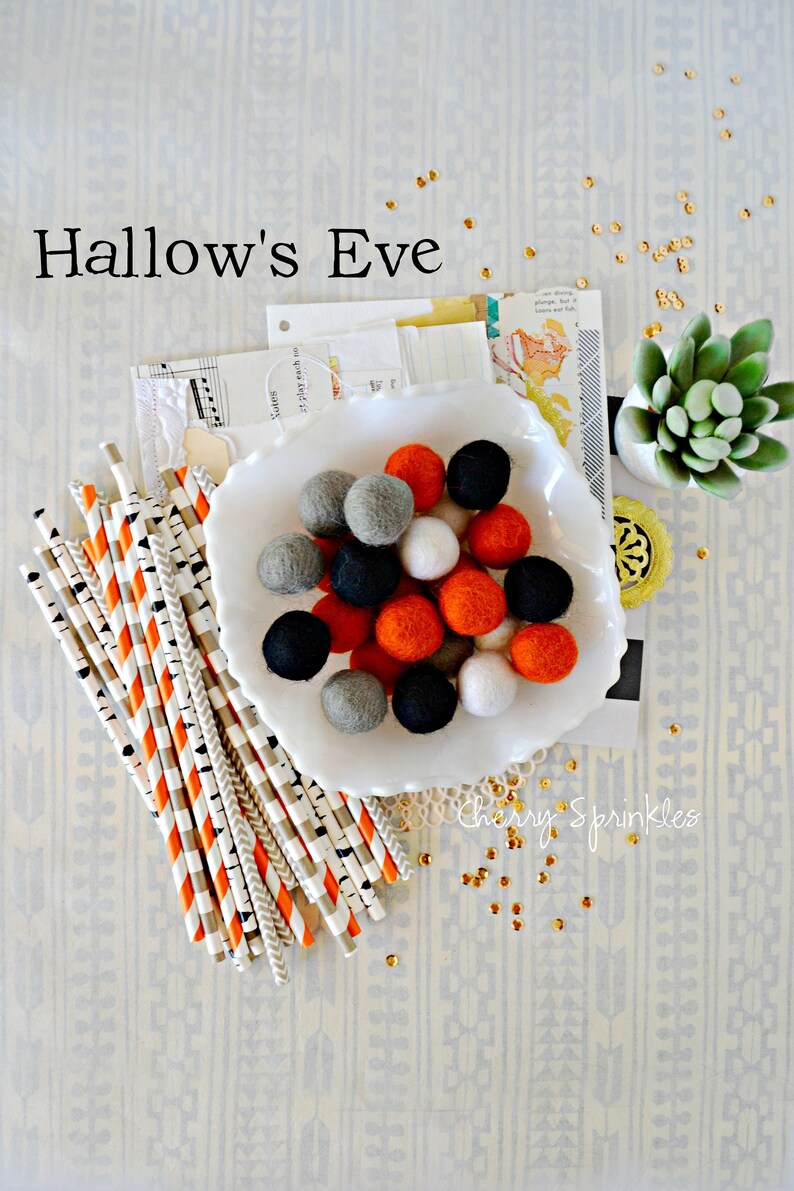 Pumpkin Felt Balls 100% Wool Felt Poms Deep Orange Wool Felt Poms Garland Felt Ball Garland Polkadot felt balls 2CM image 6