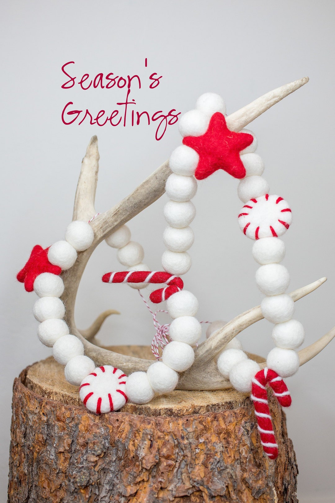White Felt Ball Garland With Felted Candy Canes peppermint Garlands