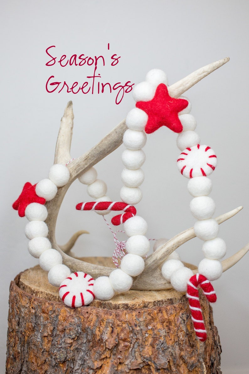 White felt ball garland with Felted Candy Canes Peppermint Garlands Candy Cane felt balls Christmas Garland Mantel Decor Felted Stars image 1