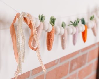 Felt Carrot Garland: Primitive Easter Decor, Pink & Orange Carrots