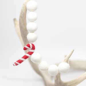 Felt Ball Christmas Garland: White Poms with Felted Candy Canes