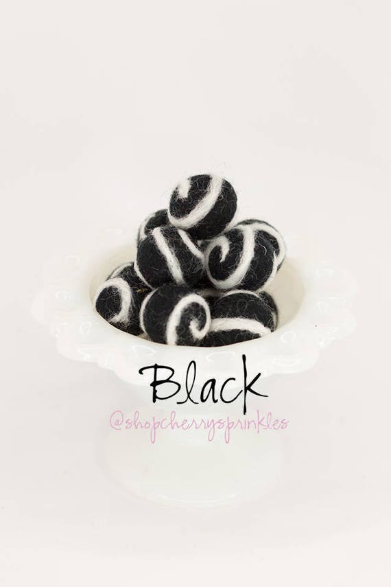 Black Swirl Felt Balls: 100% Wool Pom Poms (2.5CM)