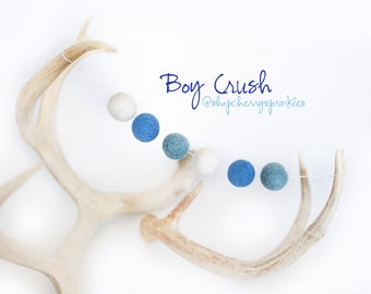 Boy Crush -Blue Felt Ball Garland -White Pom Poms - Felt Bead garland - Banner, Bunting, Garland - Mantel Decor - 2 cm Poms -Boy Nursery