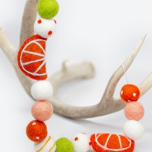 May include: A garland of felt balls in orange, white, green, and peach colors. The garland features orange felt half-circles with white stitching, resembling citrus fruit slices.