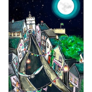May include: A digital painting of a small town at night with a full moon in the sky. The town is lit up with streetlights and there are flags strung across the street. A white owl flies in the sky. The painting is signed "Totnes" and "Kattet".