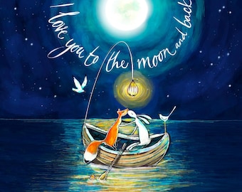 Könnte beinhalten: Eine digitale Illustration eines Fuchses und eines Hasen in einem kleinen Holzboot auf dunkelblauem Wasser unter einem hellen Mond. Eine leuchtende Laterne hängt über ihnen. Der Text "I love you to the moon and back" ist in weißer Schrift am Nachthimmel zu sehen.