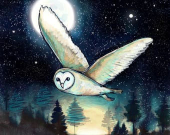 Könnte beinhalten: Eine digitale Illustration einer weißen Schleiereule im Flug vor einem dunklen, sternenklaren Nachthimmel mit einem großen Vollmond. Unter der Eule ist die Silhouette eines Nadelwaldes über einem Feld aus hohem, goldbraunem Gras zu sehen.
