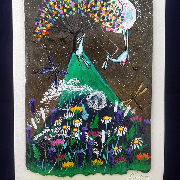 Follow your dreams. Original painting on slate, mounted on board of a two hares under a tree, with wild flowers & the moon. Free UK delivery