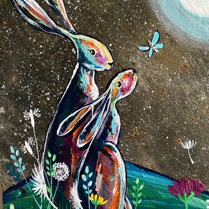 Original Painting of Hares Under the Moon With Wild Flowers on ...