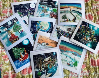 Handmade Christmas Cards: Silver Sparkle, Animals Decorating Trees, Set of 12