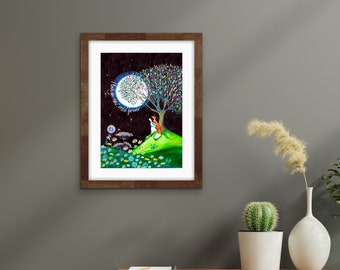 May include: A framed watercolour painting of a fox and a rabbit sitting under a tree with a full moon in the background. The text "I love you to the end of forever" is written on the moon. The painting is set in a field of flowers.