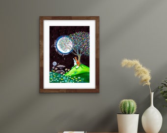 Hare and Fox under colourful tree Moonlight Art print with ‘I love you now, until forever’. (A4) Wildlife Art gift for someone you love