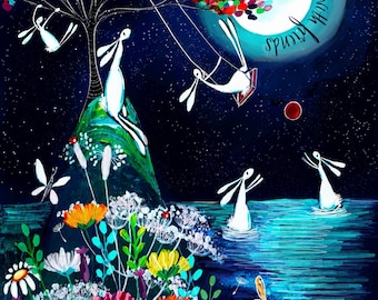 Hare Family Island Print: Colorful Whimsical Art