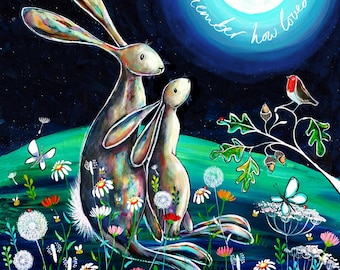 Two hares and a robin in a flower meadow under a moonlit sky. Digital print.