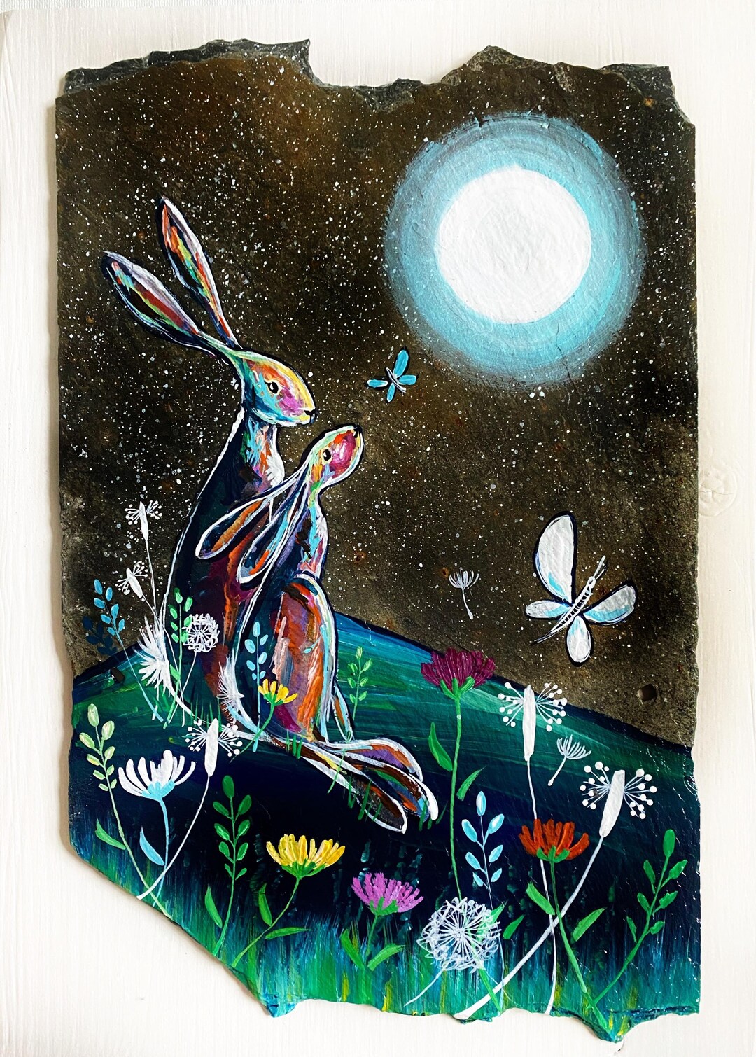 Original Painting of Hares Under the Moon With Wild Flowers on ...