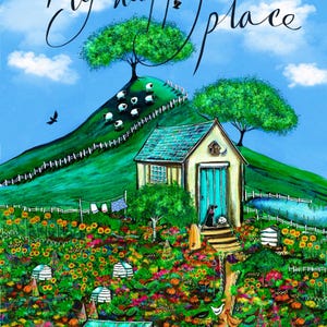 May include: A whimsical illustration of a small cottage with a blue door, surrounded by a lush garden with flowers, a greenhouse, and a dog sitting on the steps. The text "My happy place" is written in cursive above the cottage.