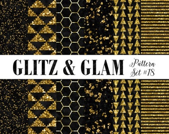 Black and Gold Digital Paper / Geometric Gold Scrapbook Paper / Digital Gold Paper / Hexagon Triangles Glitter / Gold Confetti Digital Paper