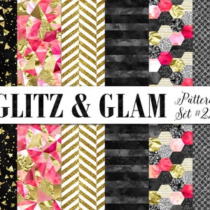 K&ouml;nnte beinhalten: Ein Set digitaler Papiermuster mit einem glitzernden und glamour&ouml;sen Thema. Die Muster beinhalten geometrische Formen, Glitzer und Aquarellelemente in Schwarz, Wei&szlig;, Gold und Rosa.