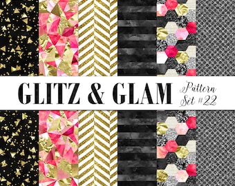 Pink and Gold Digital Paper / Pink Watercolor Paper / Modern Digital Paper / Gold and Black Watercolor / Gold Geometric Scrapbook Paper