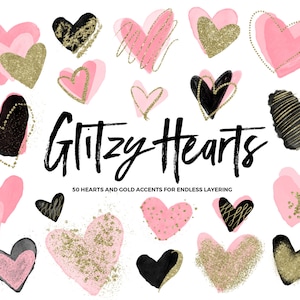 Pink Watercolor Heart Clipart / Clipart Hearts / Gold Glitter Hearts / Gold Hearts Clip Art / Valentines Clip Art / Valentines Day Clipart