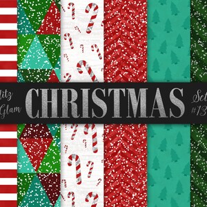 Christmas Paper Pack / Candy Cane Digital paper / Red, Green, Turquoise Christmas Trees / Red Stripes / Green Stripes Paper / Holiday Paper
