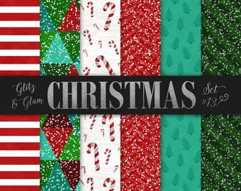 Christmas Paper Pack / Candy Cane Digital paper / Red, Green, Turquoise Christmas Trees / Red Stripes / Green Stripes Paper / Holiday Paper