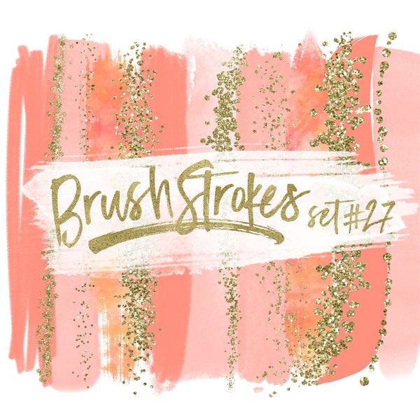 Coral Watercolor Brush Strokes / Coral Clip Art / Coral Wedding Clipart for Bridal Shower / Gold Paint Brush Strokes Clipart / Gold Borders