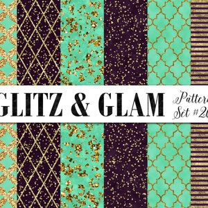 Purple and Teal Digital Paper / Gold Quatrefoil Paper / Gold Digital Background / Teal and Purple Digital Paper / Purple and Gold Confetti