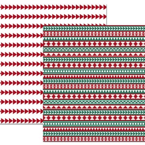 Puede incluir: Dos patrones sin costuras con dise&ntilde;os geom&eacute;tricos en rojo, blanco y verde. El primer patr&oacute;n presenta una fila repetitiva de tri&aacute;ngulos rojos que apuntan hacia la derecha. El segundo patr&oacute;n presenta una fila repetitiva de formas geom&eacute;tricas en rojo y verde.
