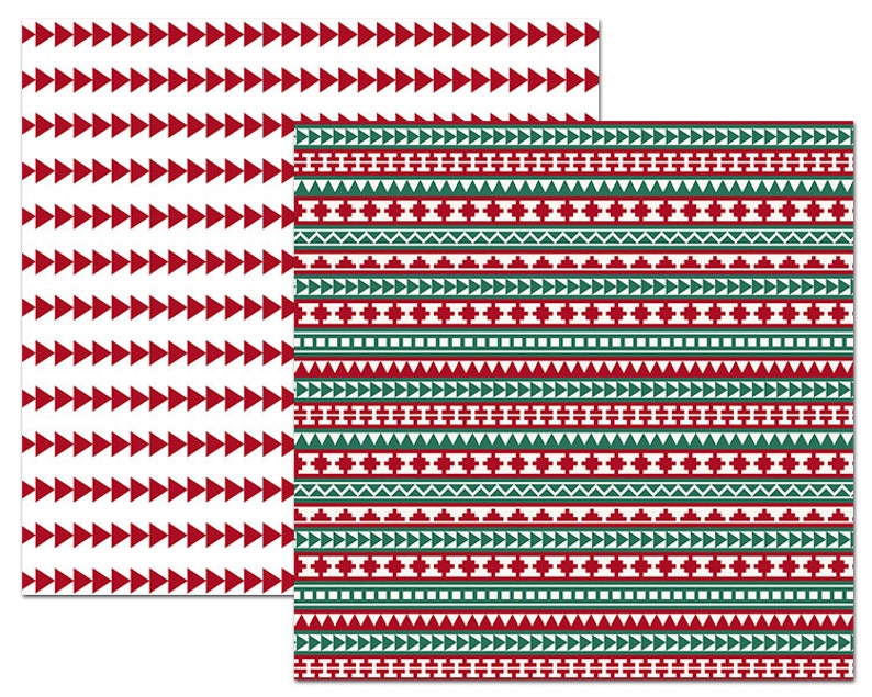 Puede incluir: Dos patrones sin costuras con dise&ntilde;os geom&eacute;tricos en rojo, blanco y verde. El primer patr&oacute;n presenta una fila repetitiva de tri&aacute;ngulos rojos que apuntan hacia la derecha. El segundo patr&oacute;n presenta una fila repetitiva de formas geom&eacute;tricas en rojo y verde.