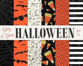 Halloween Digital Paper / Candy Corn Digital Paper / Digital Halloween Background / Spider Webs / Bats / Spooky Paper / Orange and Black