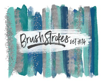 Blue Watercolor Clipart / Blue Brush Strokes / Teal Brush Strokes / Blue Watercolor Brush Stokes / Silver Border Clipart for Commercial Use