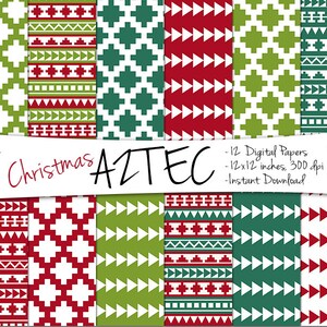Puede incluir: Doce papeles digitales con patrones aztecas navide&ntilde;os en rojo, verde y blanco. Los papeles son de 12x12 pulgadas y 300 dpi. Descarga instant&aacute;nea.