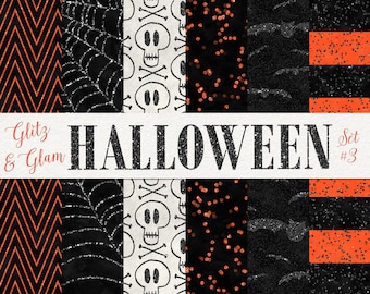 Digital Halloween Paper /  Creepy Digital Paper / Halloween Patterns / Orange and Black Skulls, Glitter Bats, Spider Webs / Spooky paper